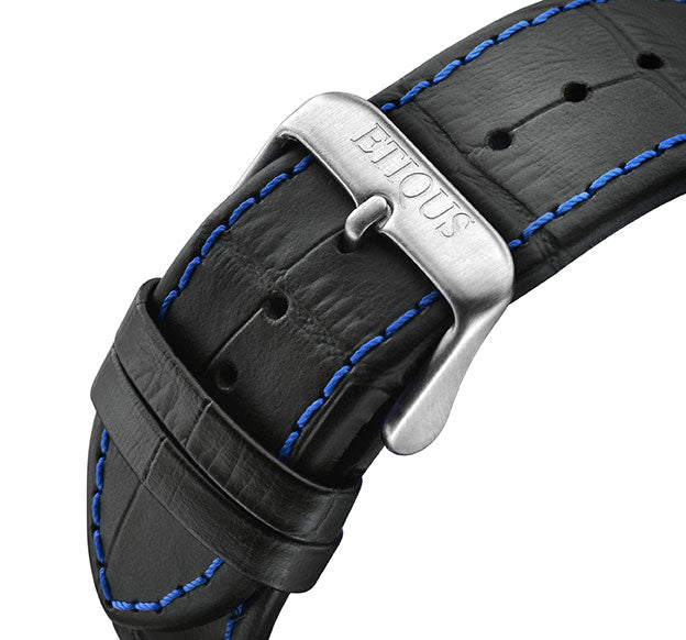 Etiqus Sport Tour Black Leather Strap With Blue Stitch Detail & Stainless Steel Buckle