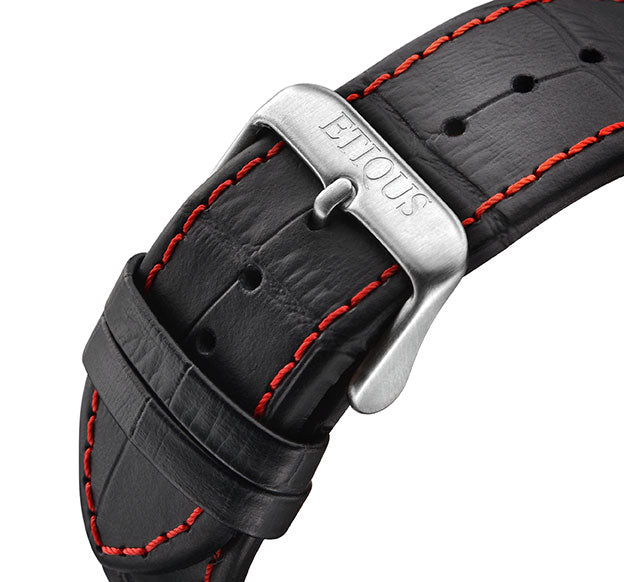 Etiqus Sport Pro Black Leather Strap With Red Stitch Detail & Stainless Steel Buckle