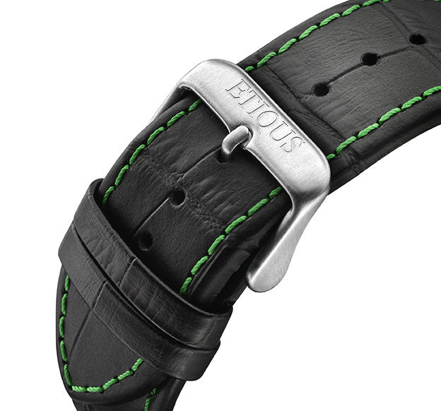 Etiqus Sport Tour Black Leather Strap With Green Stitch Detail & Stainless Steel Buckle
