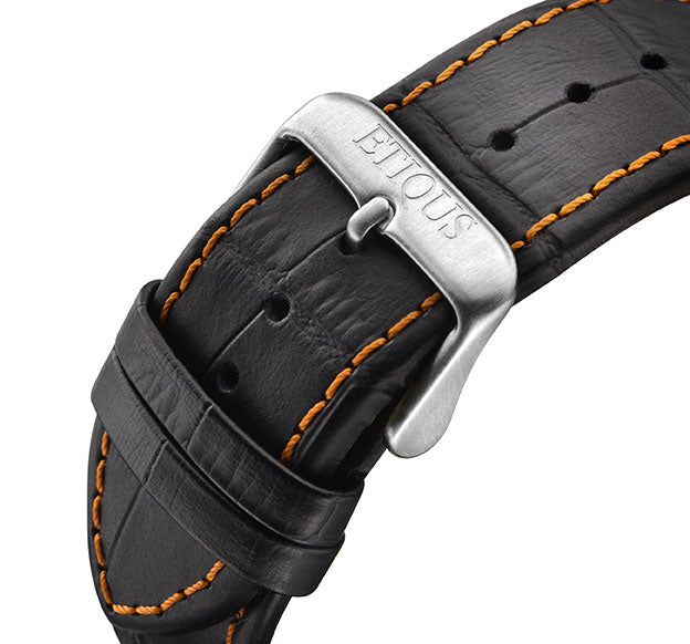 Etiqus Sport Tour Black Leather Strap With Orange Stitch Detail & Stainless Steel Buckle