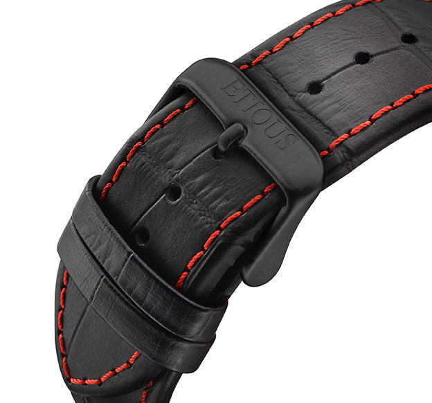 Etiqus Sport Pro Ionic Black Leather Strap With Red Stitch Detail & Black Ip Buckle