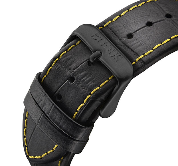 Etiqus Sport Pro Ionic Black Leather Strap With Yellow Stitch Detail & Black Ip Buckle